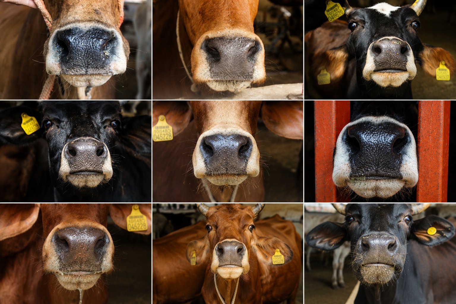 Grid of cattle muzzle close-ups used for biometric identification